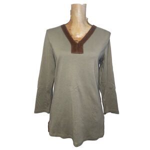 LAUREN Ralph Lauren Women’s 3/4 Sleeve Green Top W/Brown Suede Trim-LG